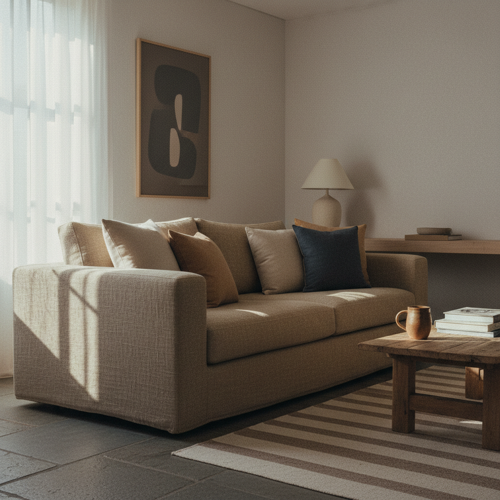 The Atlantic Seaboard brief — morning light, quiet interior, a sofa made to the room rather than imposed on it.