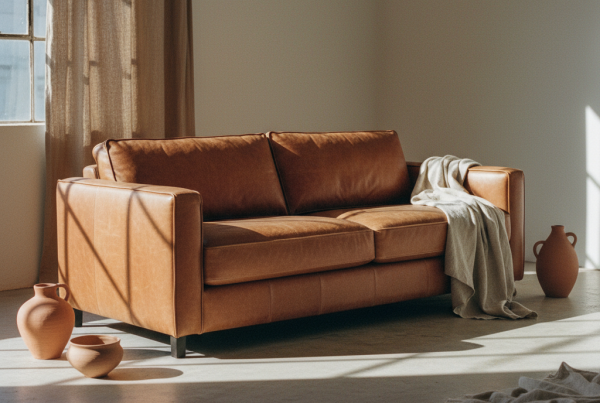 The Jung Sofa in tan leather — Loom & Hide's signature three-seater.