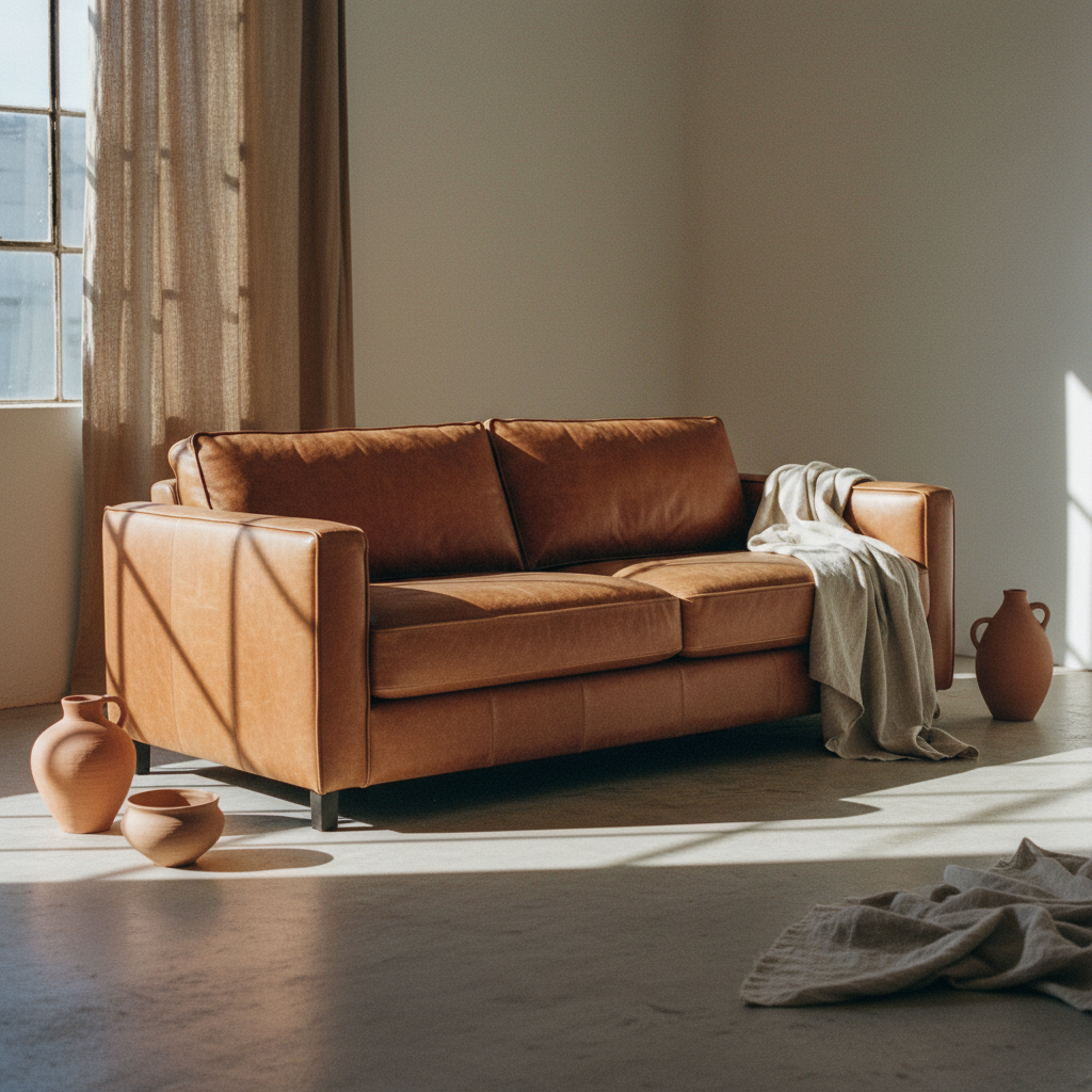 The Jung Sofa in tan leather — Loom & Hide's signature three-seater.
