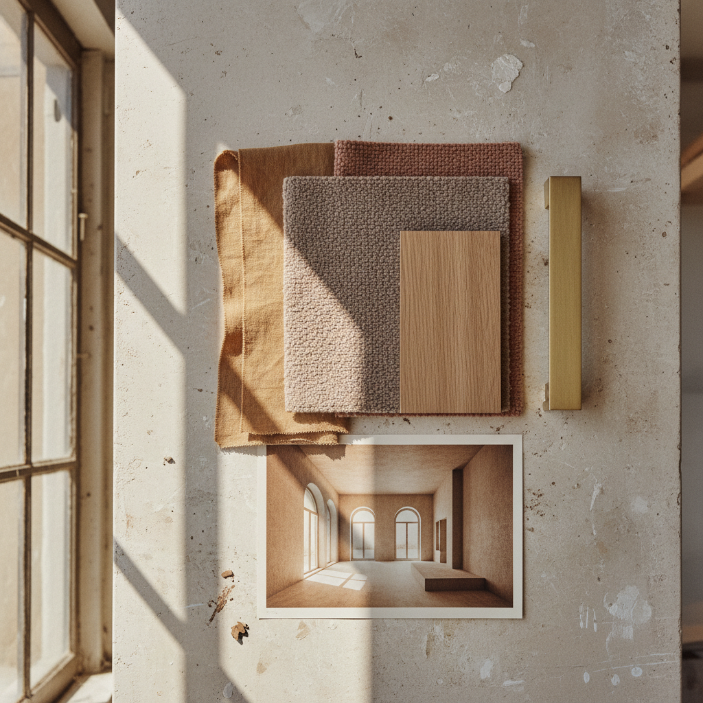 A 2026 Cape Town living-room mood: restraint, warm neutrals, natural fibre, one piece of timber.