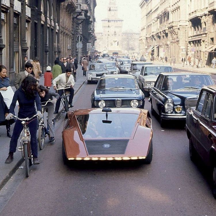 The Lancia Stratos Zero on a Milan street, 1970