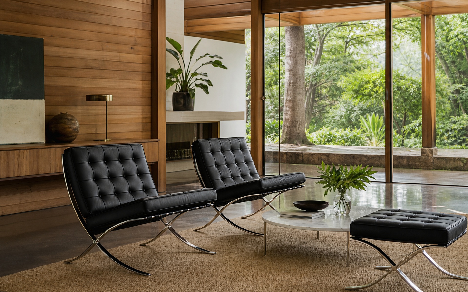 Black leather lounge seating in a timber-lined room. AI-generated image for illustration purposes.