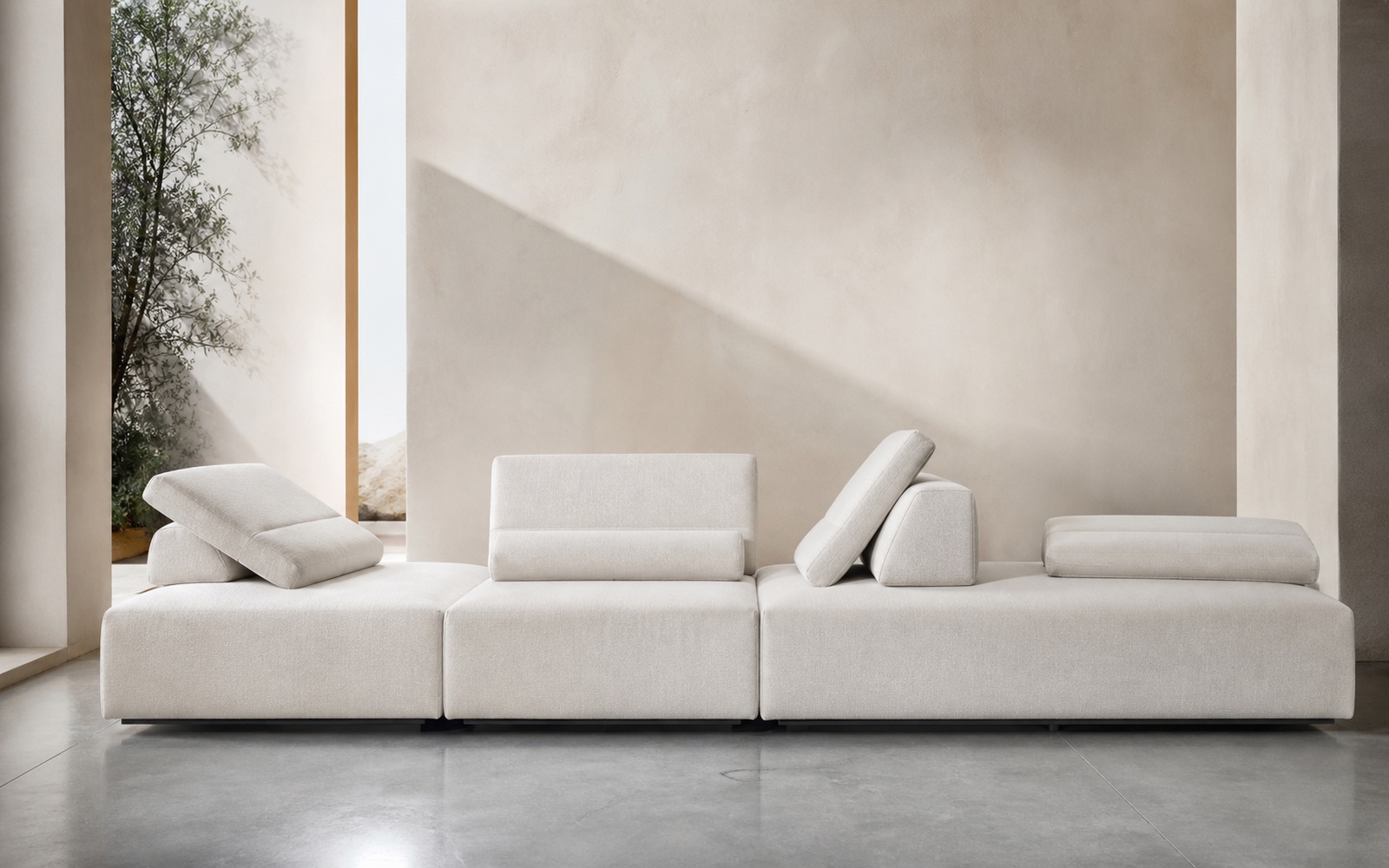A pale modular sofa with cushions arranged at different angles. AI-generated image for illustration purposes.