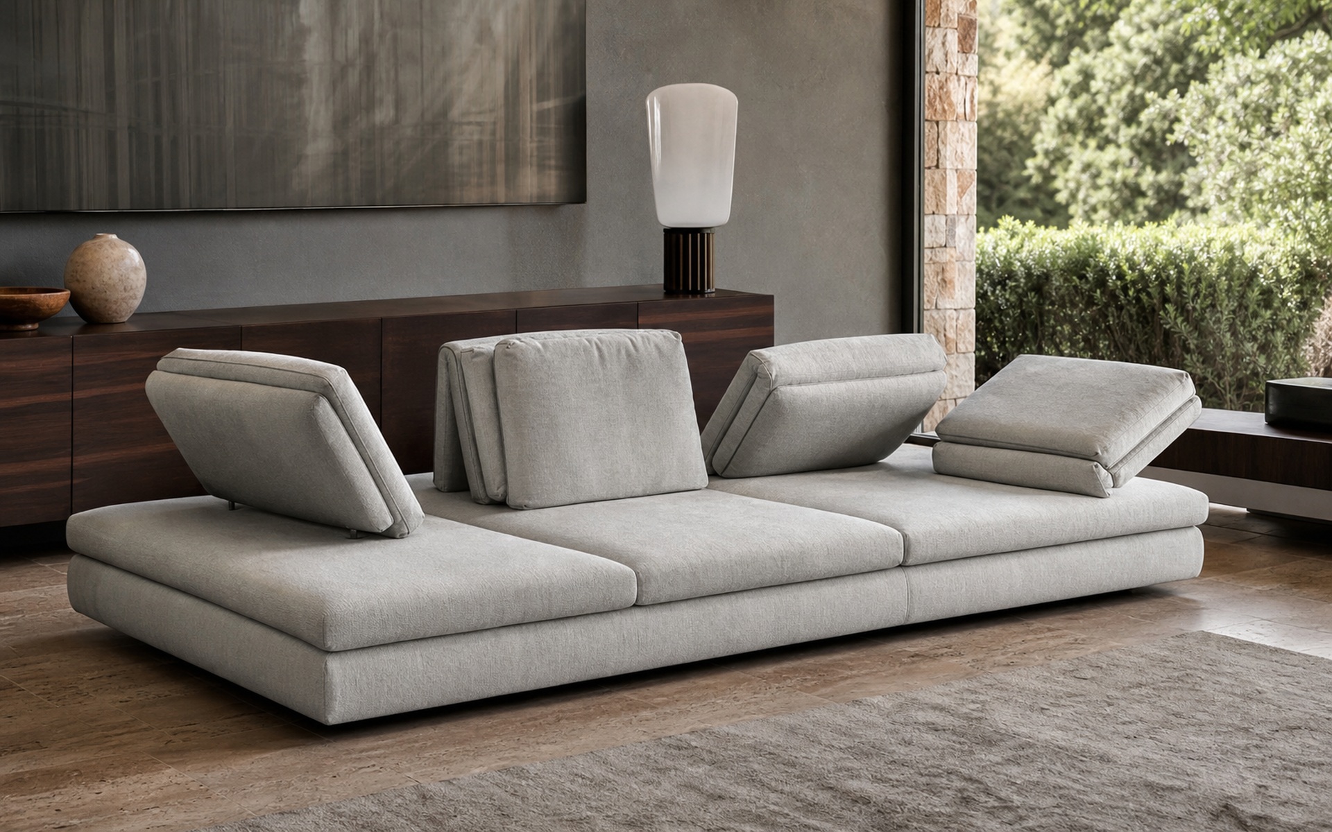 Low modular seating with repositioned back cushions. AI-generated image for illustration purposes.