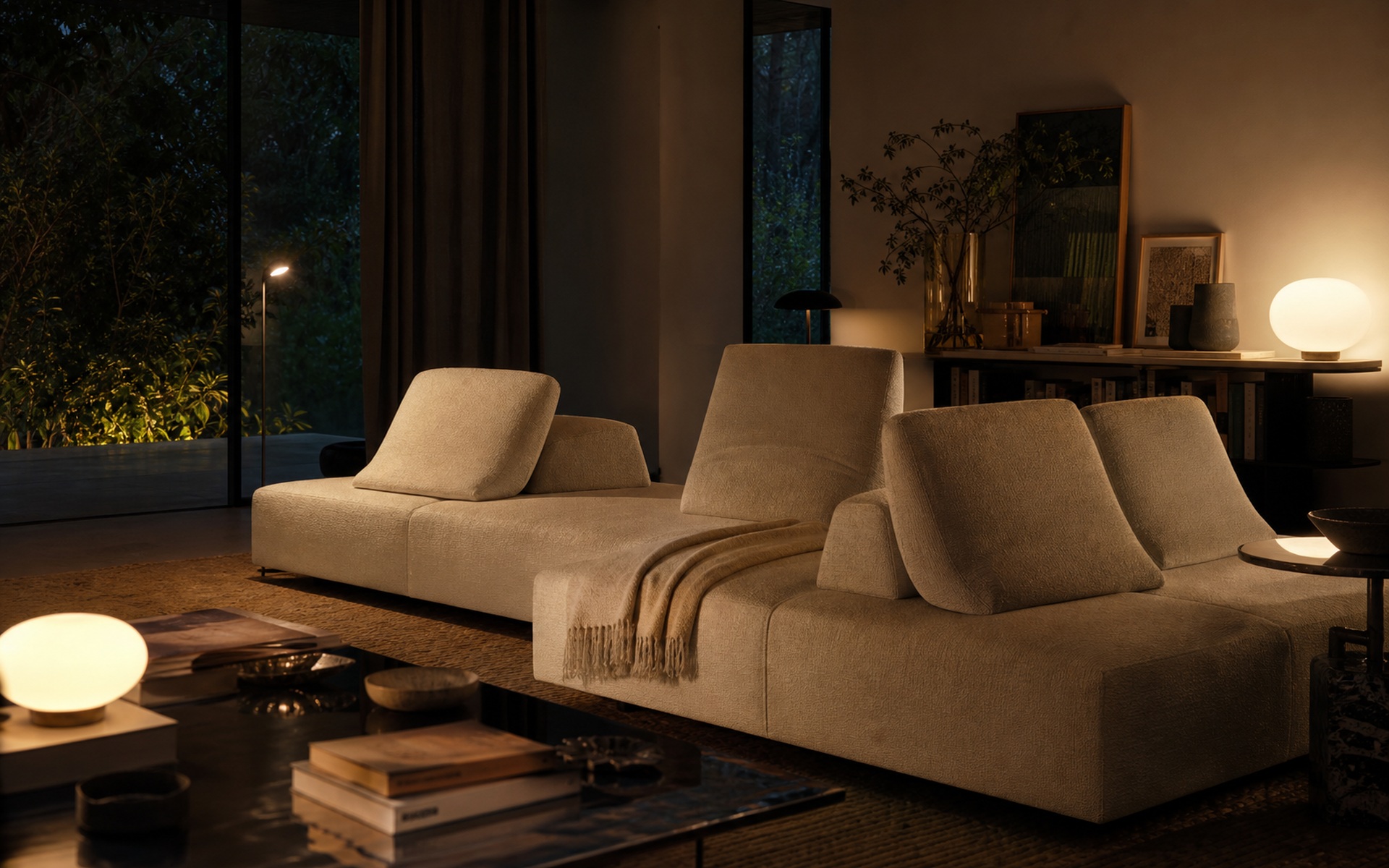 Low modular seating in an evening interior. AI-generated image for illustration purposes.