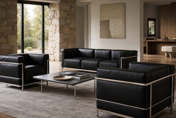 Steel-framed leather seating around a low table. AI-generated image for illustration purposes.