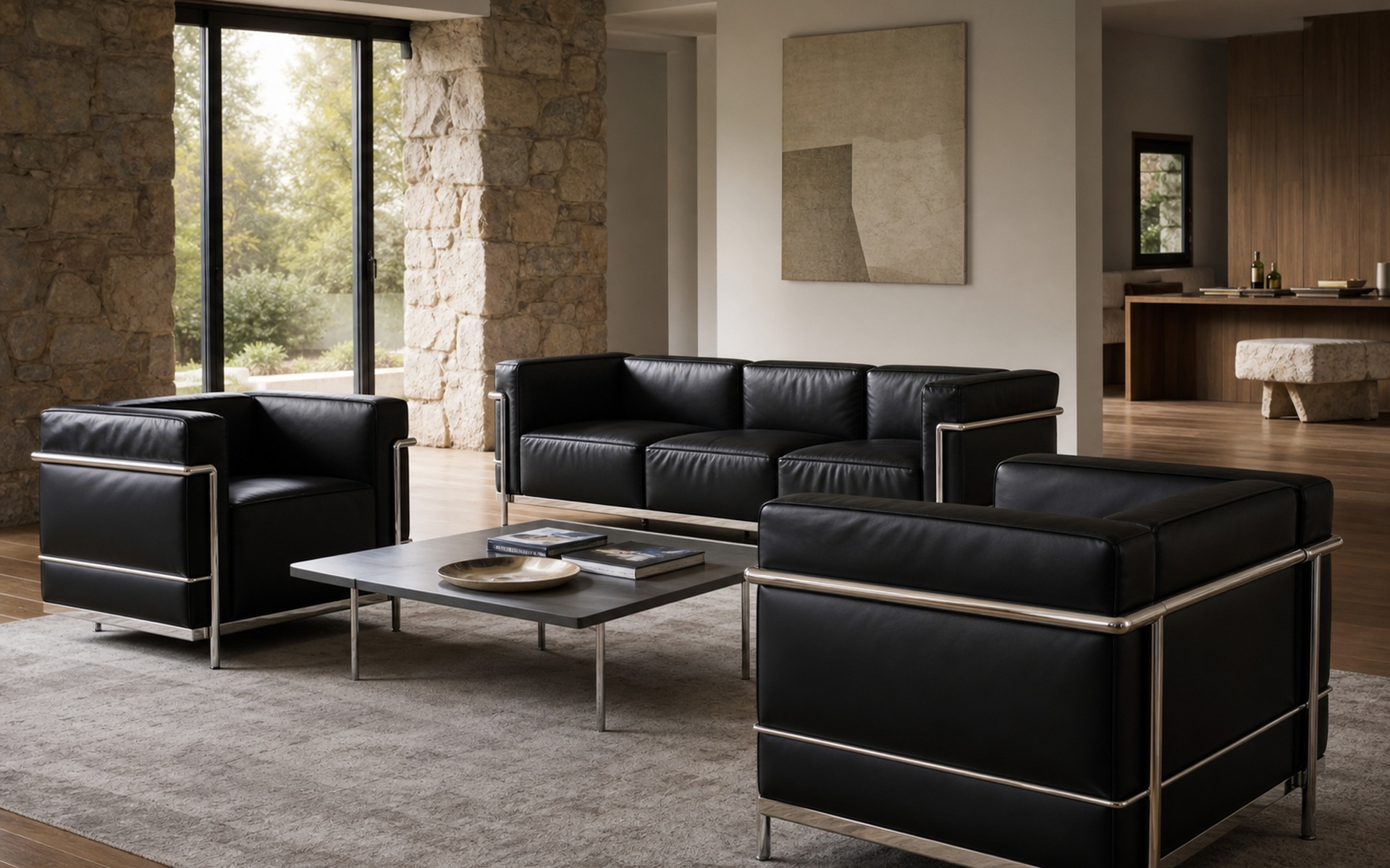 Steel-framed leather seating around a low table. AI-generated image for illustration purposes.