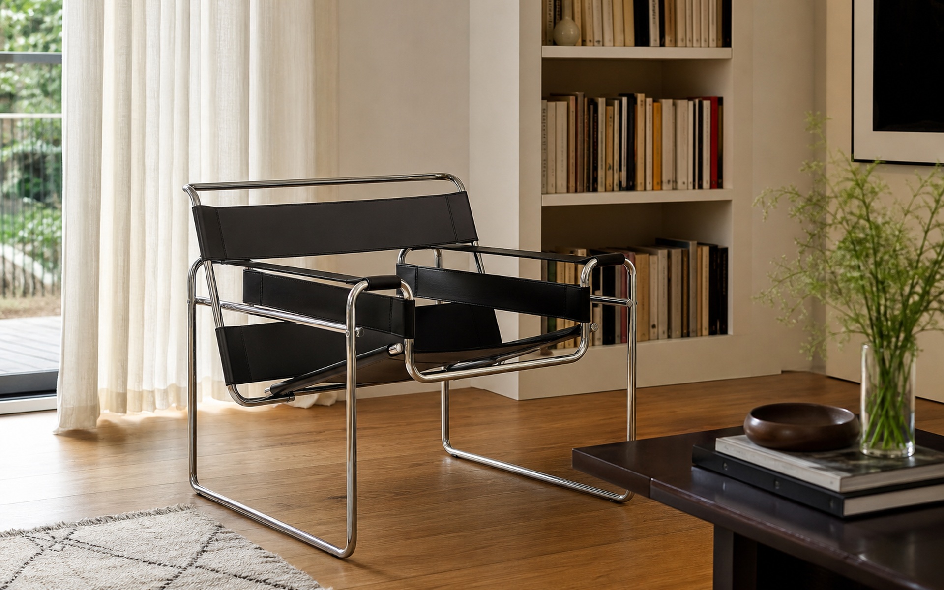 A leather-sling chair beside a bookcase. AI-generated image for illustration purposes.