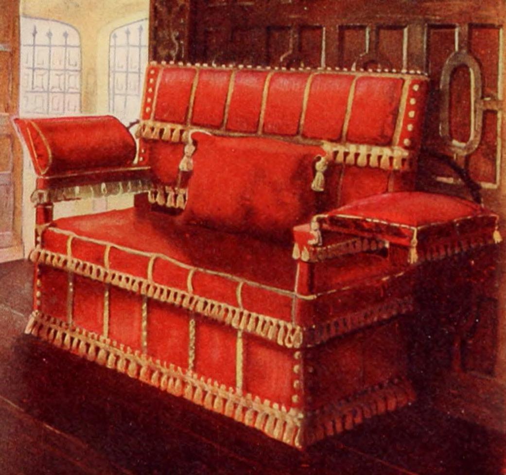 Historical illustration of the Knole couch with raised sides and decorative fringe