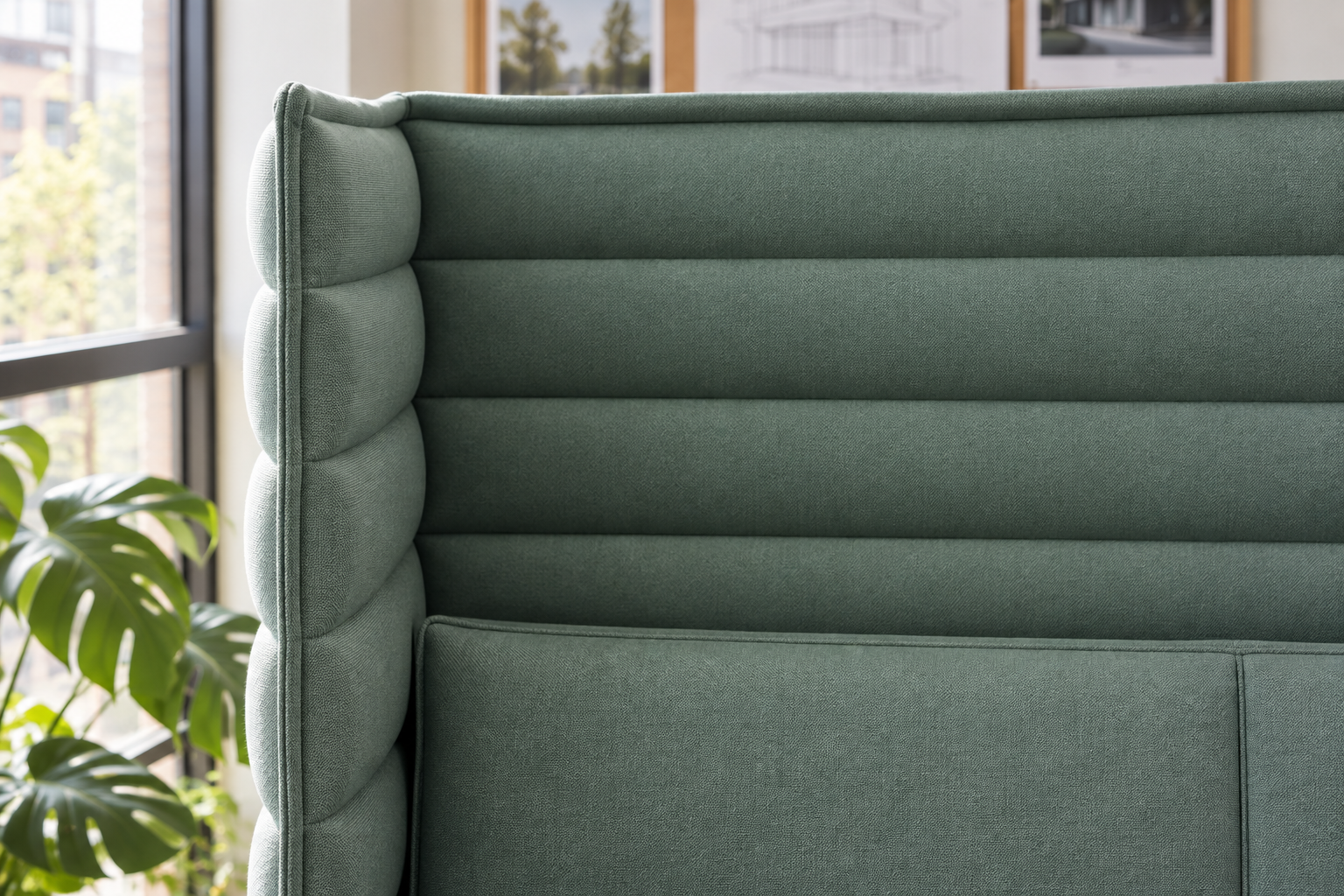 Detail of Alcove Highback’s horizontal padded panels and upholstery